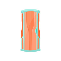 Orange and blue closed tanning cabin cartoon illustration. Cosmetic procedure in spa salon, vertical sunbathing machine or cabin. Solarium, wellness, recreation, care, relaxation concept
