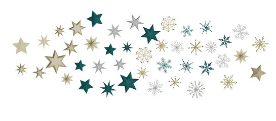 new year pattern. Christmas theme, golden openwork shiny snowflakes, star, 3D rendering.