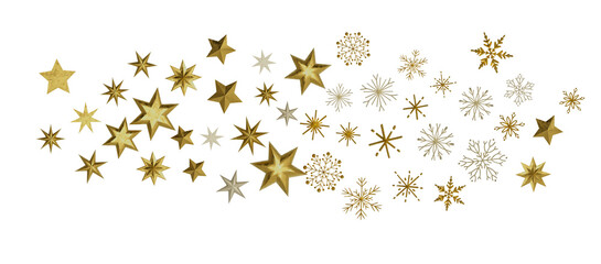 new year pattern. Christmas theme, golden openwork shiny snowflakes, star, 3D rendering.