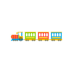 Colorful toy train cartoon illustration. Colorful kids locomotive, engine or wagons. Entertainment, recreation, childhood, transportation, vehicle concept