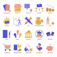 Economic and financial crisis icon set in flat style