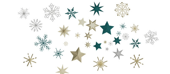 new year pattern. Christmas theme, golden openwork shiny snowflakes, star, 3D rendering.