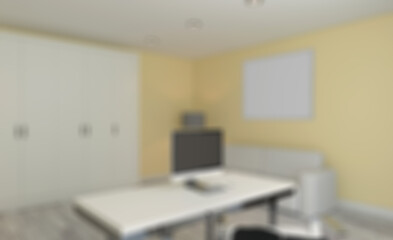 Side view of modern interior. 3D rendering.. Mockup.   Empty pai. Abstract blur phototography.