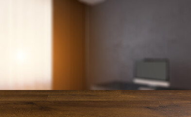 Elegant office interior. Mixed media. 3D rendering.. Sunset.. Background with empty wooden table. Flooring.