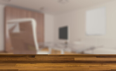 Elegant office interior. Mixed media. 3D rendering.. Mockup.   E. Background with empty wooden table. Flooring.