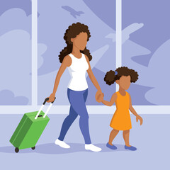 Mother and daughter at the airport vector illustration