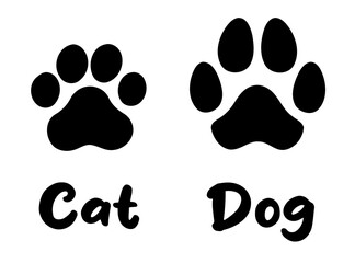 Isolated footprints of a cat's and a dog's paw. Black and white silhouette shapes illustration.
