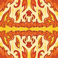 Blazing hot fire element themed symmetrical vector square background. Symmetric wallpaper for greeting card, fabric print, poster, and other purposes backdrop with cartoon flat art style isolated.