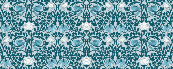 Floral vintage seamless pattern for retro wallpapers. Enchanted Vintage Flowers. Arts and Crafts movement inspired. Design for wrapping paper, wallpaper, fabrics and fashion clothes.