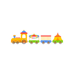 Obraz na płótnie Canvas Toy carnival train cartoon illustration. Colorful kids locomotive, engine or wagons. Entertainment, recreation, childhood, transportation, vehicle concept