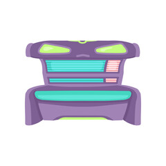 Purple and green opened tanning bed cartoon illustration. Cosmetic procedure in spa salon, horizontal sunbathing machine or bed. Solarium, wellness, recreation, care, relaxation concept