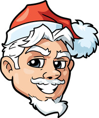 Young Santa Claus smiling head in cartoon style