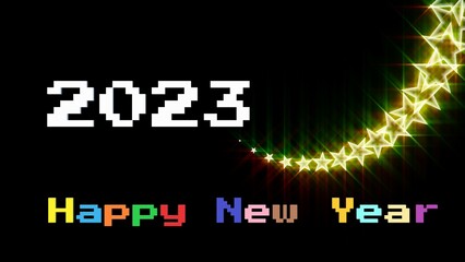 colorful happy new year 2023 text and glowing yellow stars on creative abstract background with 3D rendering illustration for space theme concepts