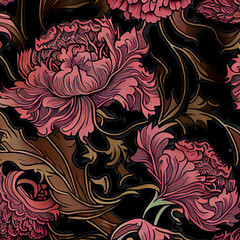 Peonies Pattern Art Nouveau Style.