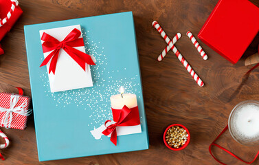 Christmas Holiday Background mockup top view with gifts and text space