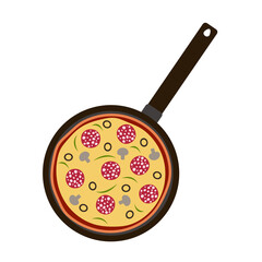 Simple flat black frying pan with round pizza with cheese and salami and muchrooms