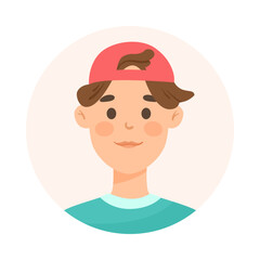 Young man with dark hair wearing cap avatar cartoon illustration. Face or portrait of cute user of social networks in T-shirt in circle on white background. Cyberspace, diverse concept