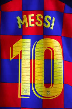 Football shirt by Lionel Messi. Messi's Barcelona shirt. Number 10. Logo. Argentine. Nike, Rakuten. Shield. Soccer player. Barca. Spain.