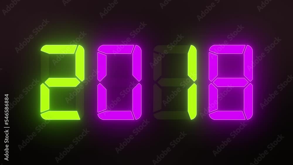 Poster video animation of an led display in green and magenta with the continuous years 2000 to 2023 over d
