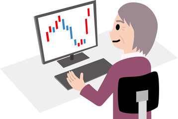 パソコンで株価を確認する初老の女性