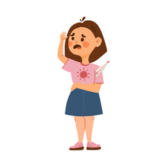 Sad sick girl with thermometer raising hand cartoon illustration. Kid suffering from fever, cold or flu isolated on white background. Little child feeling unwell. Disease, health concept