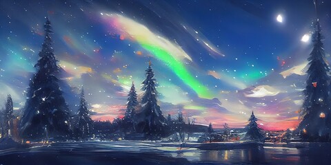 oil painting aurora sky in christmas holiday as background