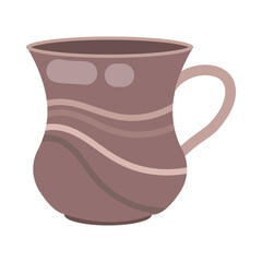 Modern big purple ceramic mug cartoon illustration. Cute colorful cup with pattern for coffee, tea isolated on white background. Crockery for home or cafe, kitchen concept