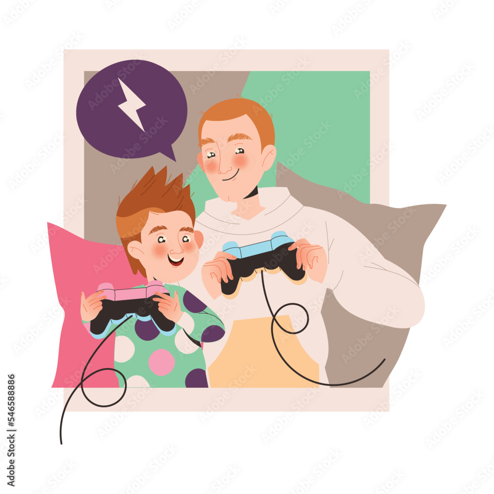 Poster Father and Son with Gamepad Playing Computer Game and Having Fun Together Enjoying Recreation Activity Vector Illustration