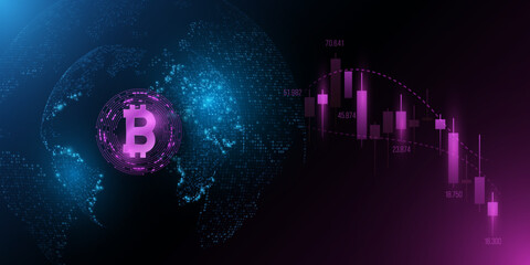 The concept of falling Bitcoin. The cryptocurrency market has fallen. Candlestick price pattern. Digital technology background. Futuristic business design. Blockchain. Vector illustration