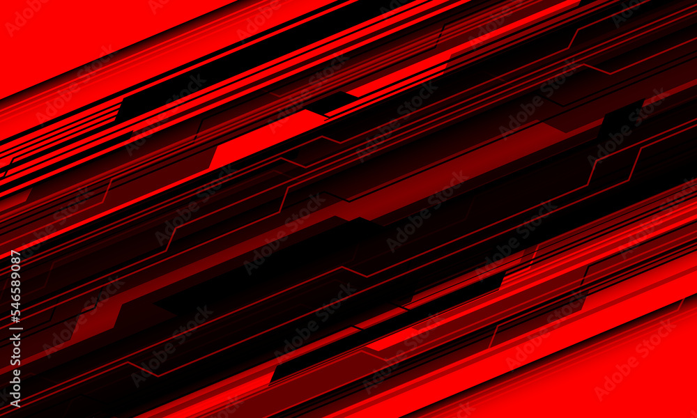 Poster Abstract black line circuit cyber geometric slash dynamic on red design modern futuristic technology background vector