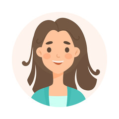 Happy woman with long dark hair avatar cartoon illustration. Face or portrait of cute user of social networks wearing green in circle on white background. Cyberspace, diverse concept