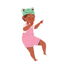 Playful Barefoot Little Boy Wearing Frog Mask Pointing Finger Vector Illustration