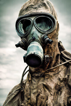 Post-apocalyptic portrait of a man in a gas mask.