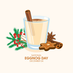 National Eggnog Day vector. Glass of eggnog with cinnamon drawing. Eggnog drink and christmas decorations still life vector. December 24. Important day - obrazy, fototapety, plakaty