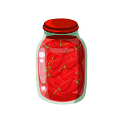 Full jar with canned peppers cartoon illustration. Tinned peppers in glass can. Canning, conserve, grocery, tinned or preserved food concept