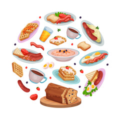 Tasty dishes for English breakfast of circular shape. Traditional breakfast meal backdrop, packaging, banner, poster desgn cartoon vector