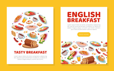 English breakfast web banner and card. Traditional tasty dishes for breakfast landing page, promotional leaflet cartoon vector