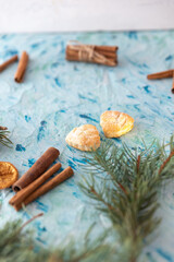 cinnamon sticks on concrete background christmas concept