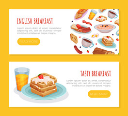 English tasty breakfast landing page templates set. Traditional morning dishes horizontal web banner, website cartoon vector