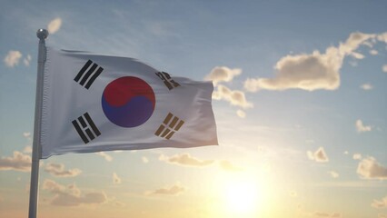 South Korea flag on pole waving in the wind sky background. The national flag of South Korea