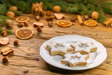 still life of Christmas linzer cookies