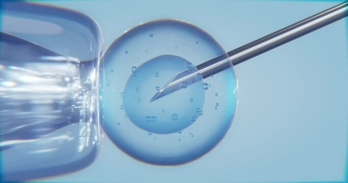 Laboratory procedure with an egg cell, and needle injection. In Vitro fertilization process through a microscope. Artificial insemination. 3D render. Color aberrations. Close-up medical footage in 4K