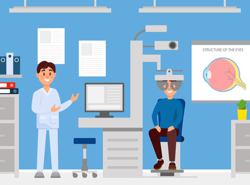 Cheerful ophthalmologist doctor checking eyesight of patient. Consultation and vision treatment in medical clinic cartoon vector