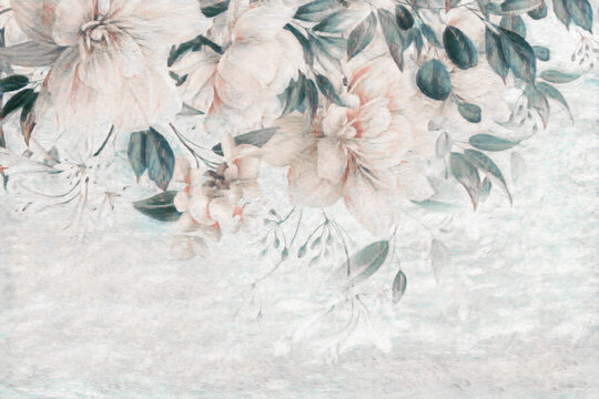 Big flowers. Floral background with oil pinting flowers on marble, can be used as wallpaper. © lucja_lusilas