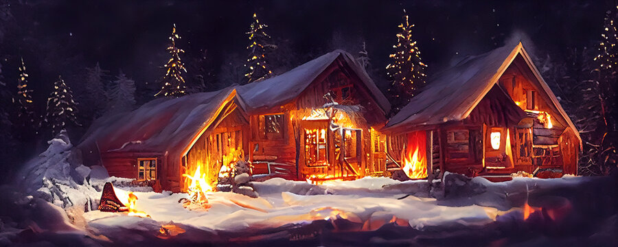 Blockh&uuml;tte in einer Winterlandschaft mit Weihnachtsbaum und Lagerfeuer in weihnachtlicher Stimmung, Hintergrund Banner Illustration
