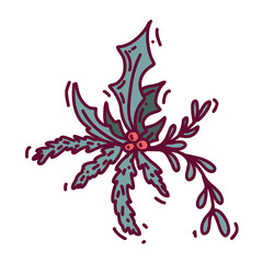 Christmas floral composition with spruce, holly and mistletoe branches. Hand drawn cute cartoony illustration made with retro color palette.