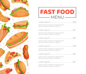 Fast food menu template. Restaurant or cafe menu layout brochure decorated with traditional tasty fast food dishes cartoon vector