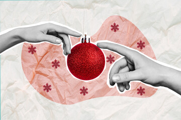 Creative drawing collage picture of arms touching new year christmas tree ball toy decoration adorn...