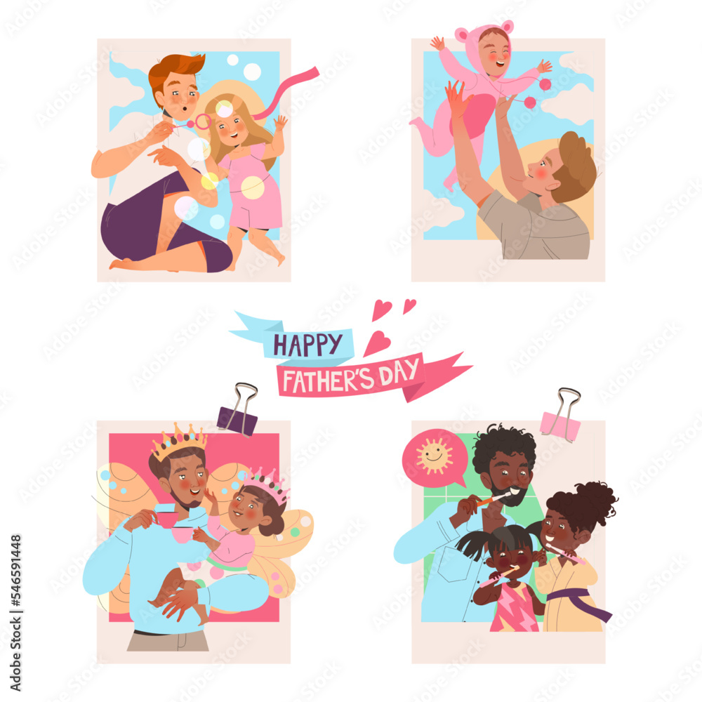Poster father and child playing and having fun together enjoying recreation activity vector set