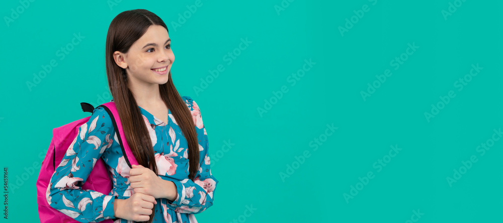 Canvas Prints smiling teen girl carry backpack going to school, school time. banner of schoolgirl student. school 